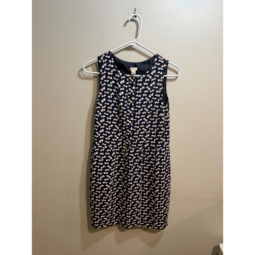 J.Crew Navy Blue Cream Heart Print Sleeveless‎ Shift Dress Pockets Size 0